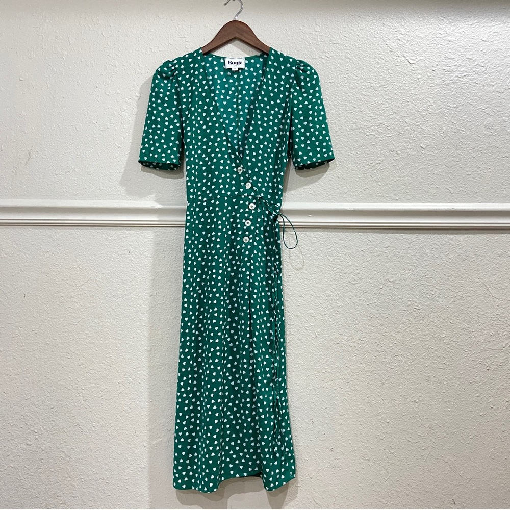 Rouje Emerald Green Midi Dress with White Heart Print